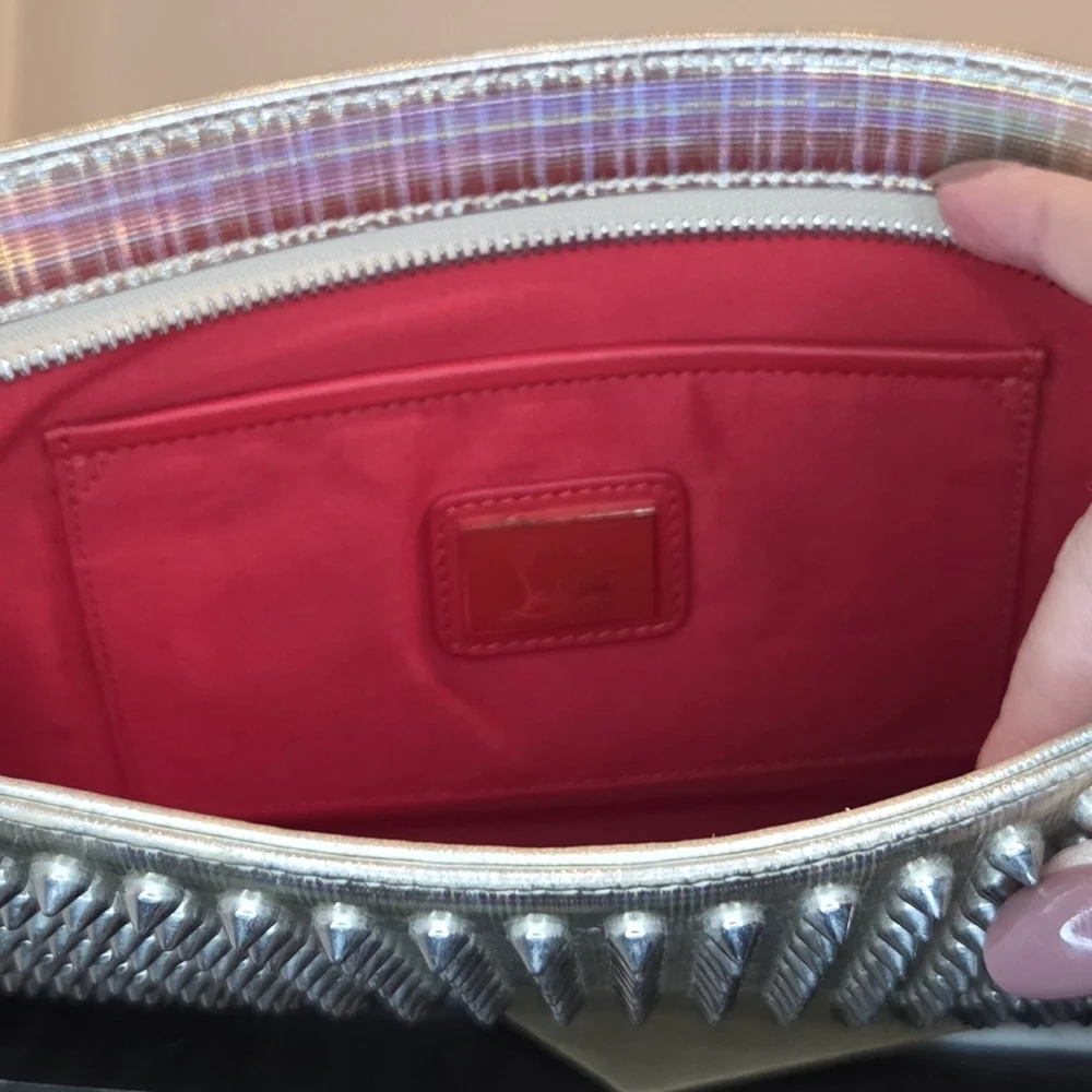 Christian Louboutin Loubiposh Studded Clutch Crossbody Galactic Silver W/COA